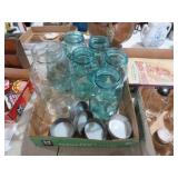 COLLECTION OF BLUE AND CLEAR BALL JARS