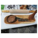 WOOD DOUGH BOWL, VASE, ROLLING PIN, AND MISC