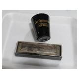 VINTAGE JACK DANIELS SOT GLASS AND HARMONICA
