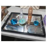 MIRROR TRAY WITH PERFUME, PAPERWEIGHTS, AND ETC