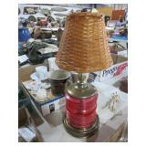VINTAGE BRASS AND GLASS BASE TABLE LAMP WITH SHADE
