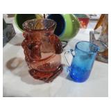 CRACKLE GLASS PITCHER AND FLOWERED VASE