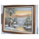 SIGNED OIL ON CANVAS CABIN IN THE WOODS
