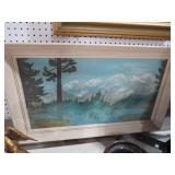 FRAMED LAKE MOUNTAIN SCENE ON BOARD