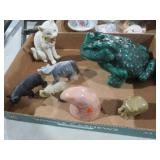 COLLECTION OF CERAMIC FROG, CAT, AND STONE FIGURES