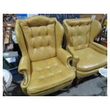 PAIR YELLOW LEATHER WINGBACK CHAIRS