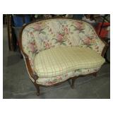 PADDED CLOTH CARVED WOOD LOVESEAT