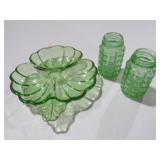 VINTAGE GREEN GLASS DIVIDED DISH AND S & P SHAKERS