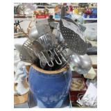 BLUE CROCK WITH KITCHEN UTENSILS
