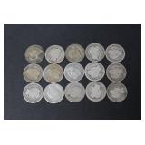 (15) BARBER SILVER DIMES 90%