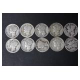 (10) MERCURY SILVER DIMES VARIOUS DATES & MM 90%