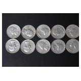 (10) 1964 WASHINGTON SILVER QUARTERS 90%