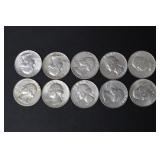 (10) 1964 WASHINGTON SILVER QUARTERS 90%