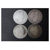 (4) BARBER SILVER QUARTERS 90%