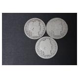 (3) 1899 BARBER SILVER QUARTERS 90%