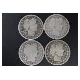 (4) BARBER SILVER QUARTERS 90%