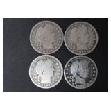 (4) 1898 BARBER SILVER QUARTERS 90%