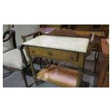MARBLE TOP OAK WASHSTAND W/ BACK GALLERY