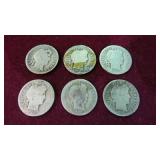 6 BARBER DIMES, VARIOUS DATES 90% SILVER