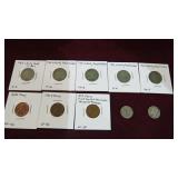 5 "V" NICKELS, 3 LINC PENNIES, 2 BARB DIMES VAR DA