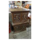 2 VINTAGE END TABLES W/2 DOORS EACH