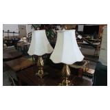 PAIR HEAVY BASE BRASS TABLE LAMPS, SCALLOPED SHADE