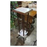 MARBLE TOP & SHELF PLANT STAND, SPOOL LEGS
