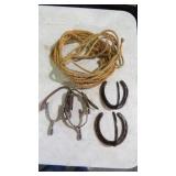 PAIR SPURS, HORSESHOES HOOKS, ROPE