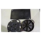 CAST IRON GRIDDLE, MUFFIN PAN, CORN BREAD LODGE