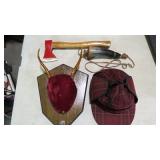 VINTAGE CAMPING/HUNTING ITEMS, HATCHET, POWDER HOR