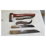 TASK FORCE HATCHET & 4 ANTIQUE KNIVES