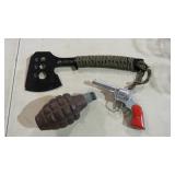 HATCHET, GRENADE (INOPERATIVE), TOY PISTOL