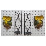 2 METAL OWLS & METAL CANDLE HOLDER