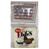 METAL FRESH EGG SIGN & FRAMED BUTTON COLLECTION