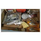 BOX LOT CAP GUN, FISH PLUGS, SHEARS, CARS, MISC.