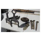 2 DOG IRONS, SAD IRONS, SHOE LASPS, RAILROAD SPIKE