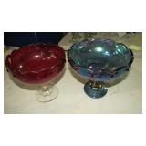 PAIR CARNIVAL GLASS COMPOTES, RED & BLUE