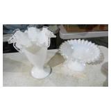 2 SILVERCREST FENTON MILKGLASS COMPOTE, VASE