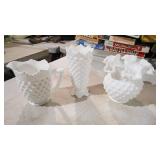 3 FENTON HOBNAIL MILKGLASS VASES, PITCHER