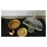4 PC CARNIVAL GLASS, PRESSED GLASS BASKET, VASE