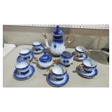 PORCELAIN BLUE/GOLD TEA SET W/CHERUBS