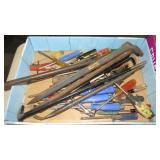BOX OF PRY BARS, SCREW DRIVERS, MISC.
