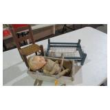 ANTIQUE DOLL, CRADLE, CRIB, CHAIR