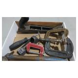 BOX OF C-CLAMPS, MISC. TOOLS
