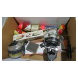 BOX OF FISHING REELS, LURES, FLOATS