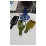 BLUE ART GLASS & 3 MELTED BOTTLE HOT PLATES