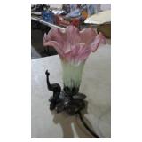 PEACOCK & ART GLASS TABLE LAMP, 8" TALL