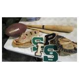 COLLECTION VINTAGE SPORTS ITEMS, GLOVE, FOOTBALL