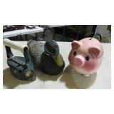 VINTAGE IRON, DUCK DECOY, CERAMIC PIGGY BANK