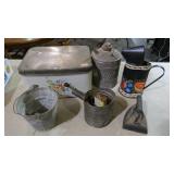 VINTAGE METAL WARES, KEROSENE CAN, SAD IRON, SIFTE
